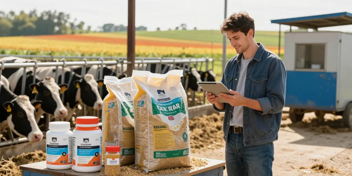 Farmer reviewing rokok88 slot login feed products in vibrant fields, showcasing quality livestock nutrition.