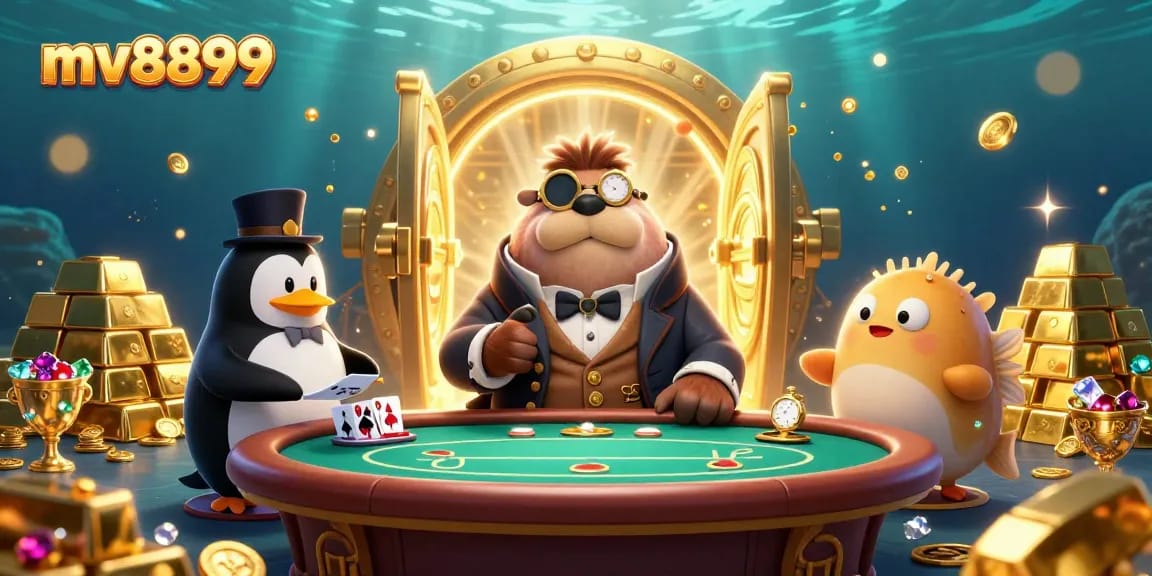 Join the enchanting underwater action at mv8899, where a jolly walrus plays poker amidst treasures.