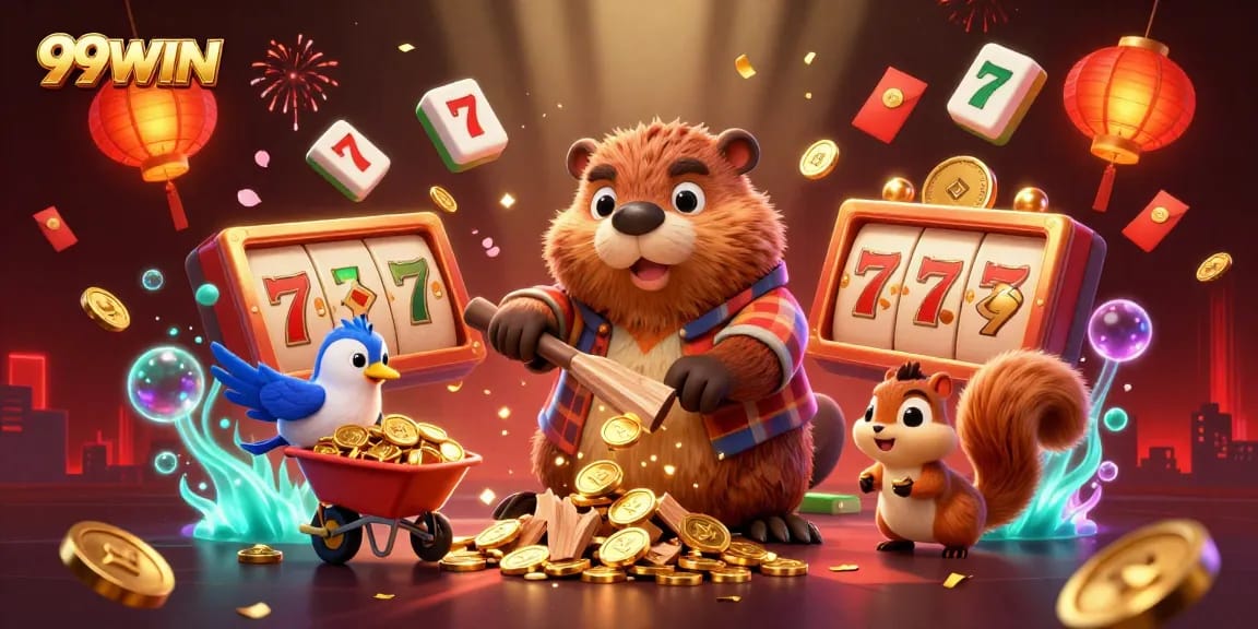 Experience the excitement of 99WIN as the beaver celebrates winning coins in this vibrant casino scene.