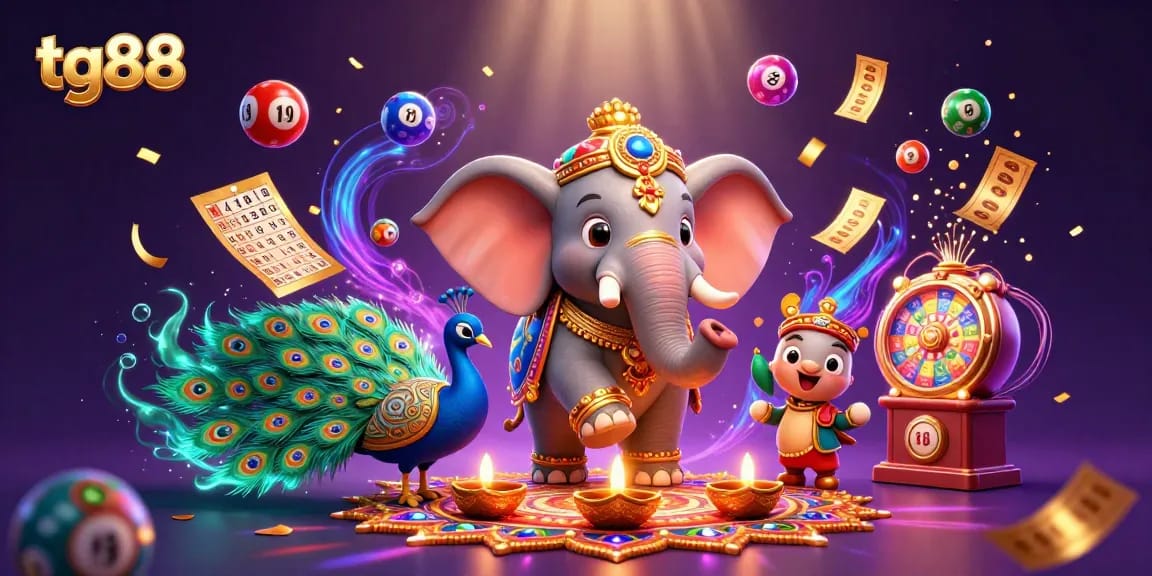 Engage in thrilling gambling fun with tg88, featuring vibrant casino elements like lottery balls and a colorful elephant.