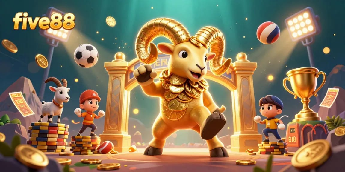 Experience thrilling action with five88 as the golden ram charges through a dynamic casino scene.