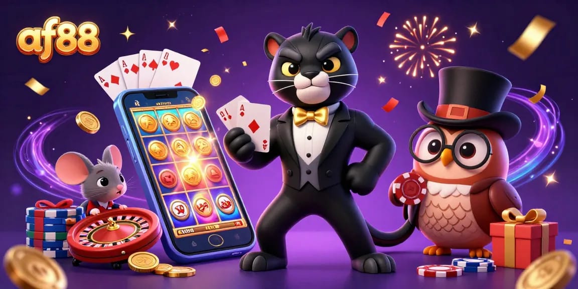 Win big with af88 as a stylish panther deals cards with an owl and a mouse, set in a lively casino scene.