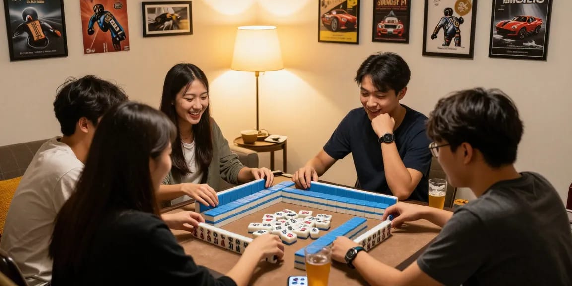 Friends enjoying a game night at https://hm88.cafe/, playing colorful mahjong tiles in a cozy atmosphere.