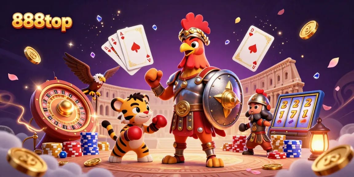 Engage in thrilling gameplay with 888top's vibrant 3D casino scene featuring lucky symbols and dynamic game elements.