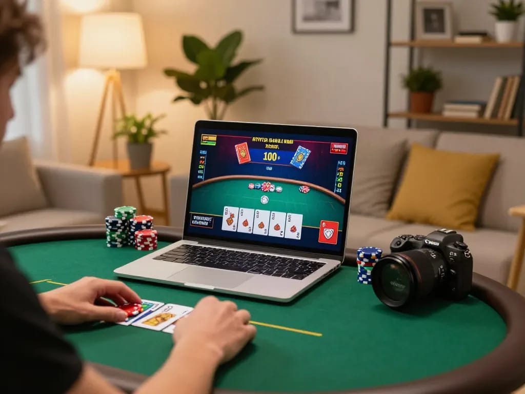 CM88 player strategizing poker on laptop in a cozy home gaming setup