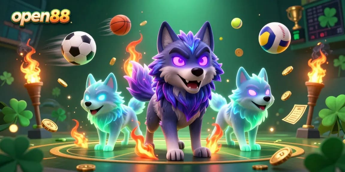 Engage with open88 sports betting action featuring dynamic 3D wolves and glowing trophies.