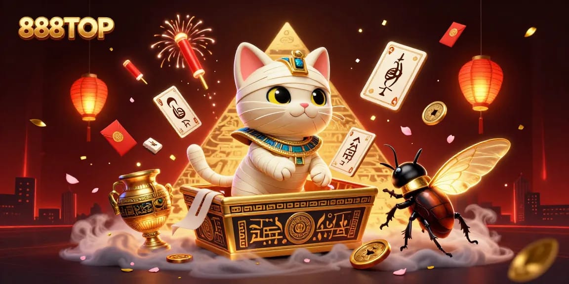 Experience the thrill of 888TOP with a vibrant 3D illustration showcasing an Egyptian mummy cat and a scarab beetle in a magical casino scene.