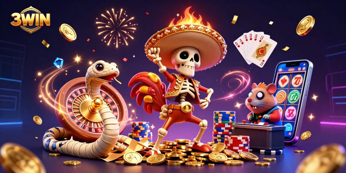 3WIN's 3D celebration scene with a skeleton rooster, mummy snake, and DJ hamster amidst sparkling coins and casino games.