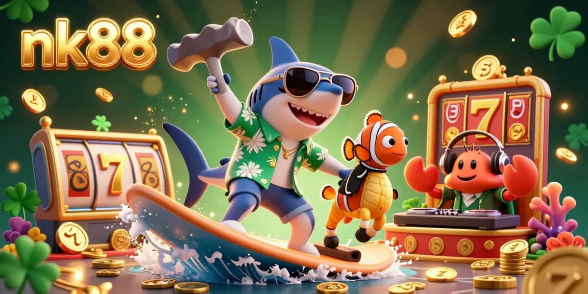 Experience thrilling wins at nk88 with a lively casino scene featuring dynamic characters, vibrant colors, and exciting gambling elements.