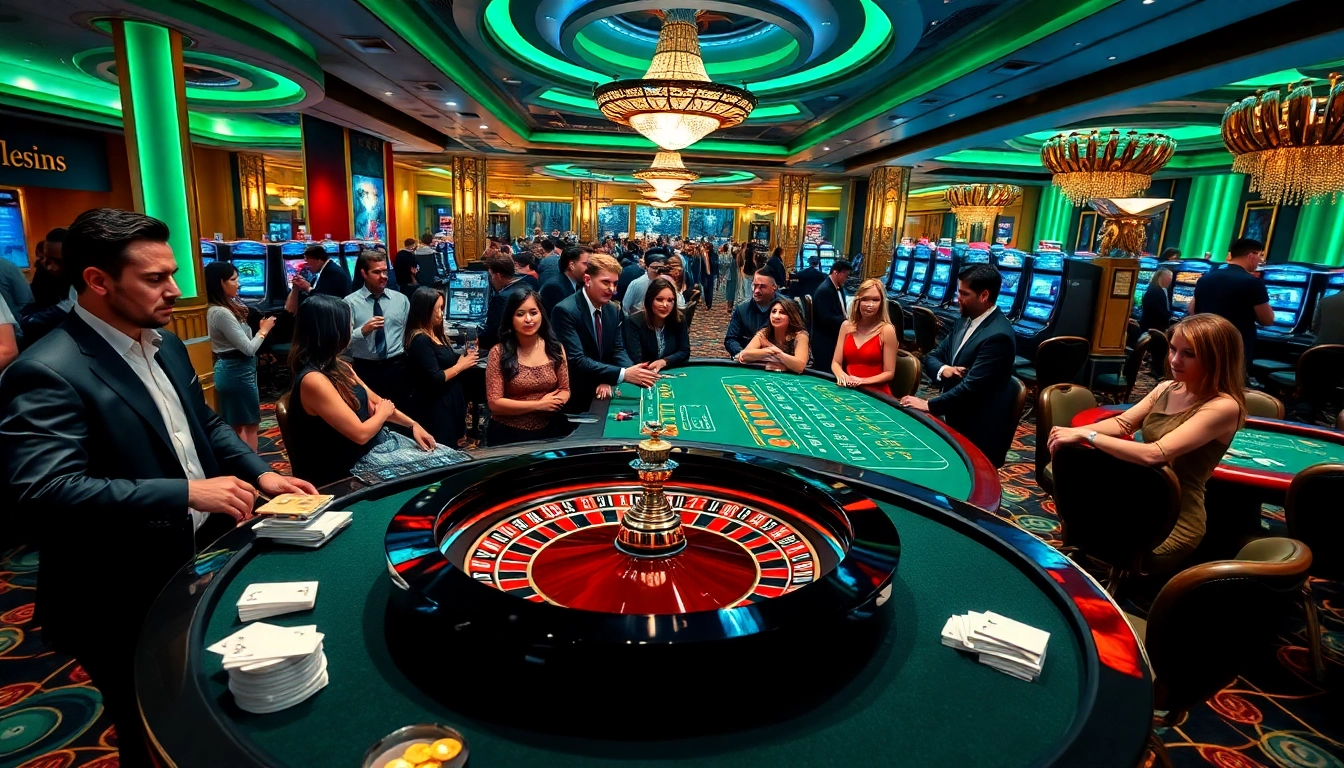 Exciting casino gaming atmosphere at 9phabc with players and roulette wheel.