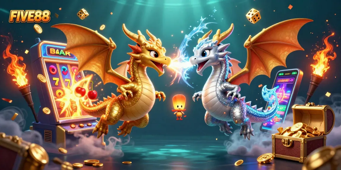 Experience thrilling jackpots with FIVE88 as gold and silver dragons soar amidst a vibrant casino world.