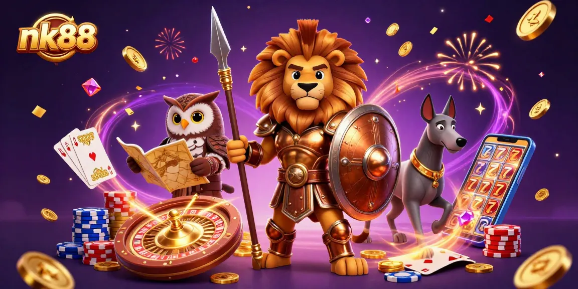 Deposit in style with nk88 as coins, gems, and cards fill the scene in a vibrant casino setting.
