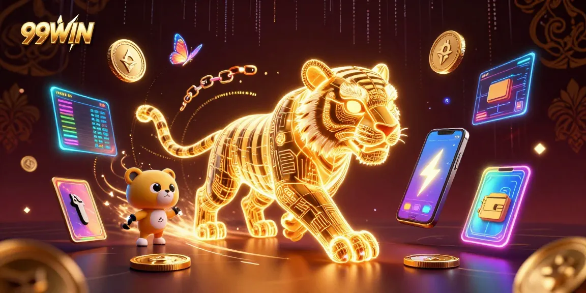 Experience 99WIN's vibrant digital casino with a glowing tiger and holographic companions.