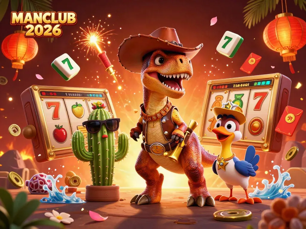 MANCLUB 2026 showcases a lively casino scene with a T-Rex dinosaur and colorful gaming elements.