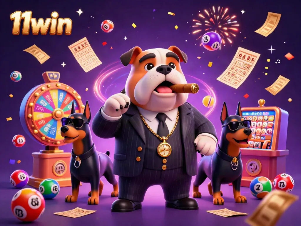 Experience thrilling moments with 11win, showcasing a mafia bulldog and Doberman bodyguards amid colorful casino elements.