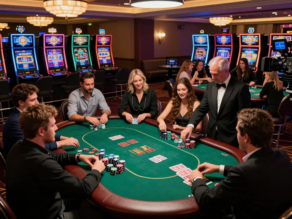 Sunwin players engaging in intense poker game at a luxurious casino table, high-stakes atmosphere