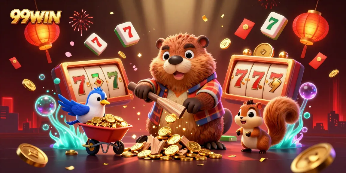 Experience the excitement of 99WIN as the beaver celebrates winning coins in this vibrant casino scene.