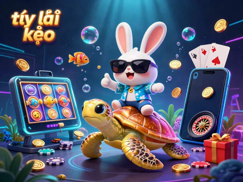 Spin the reels with tỷ lệ kèo in this vibrant 3D scene featuring lucky rabbit and golden turtle.