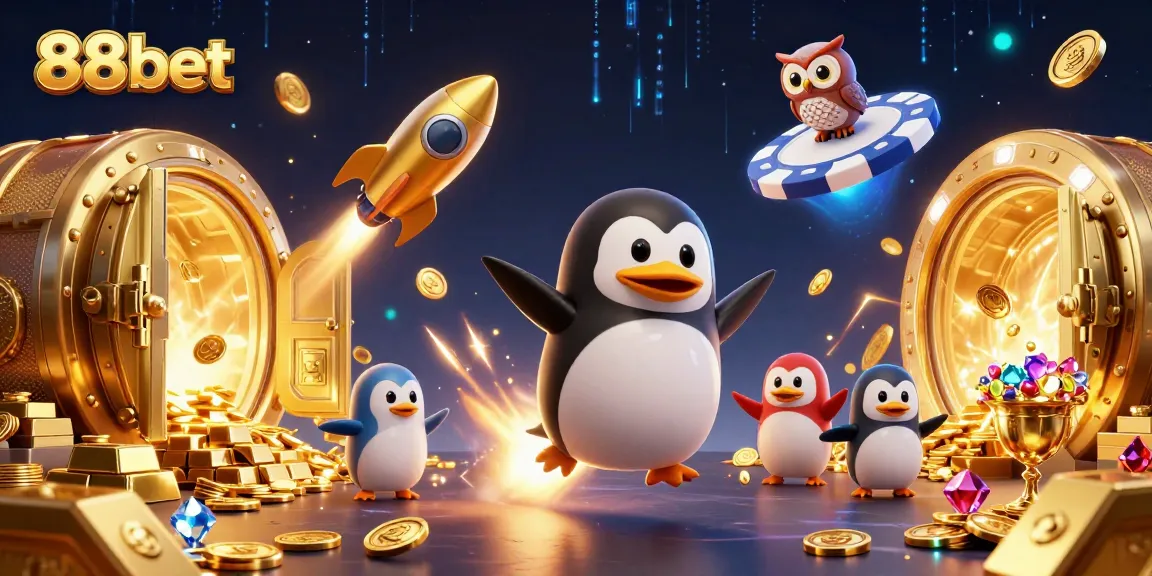 Immerse in the 88bet casino universe with a penguin and treasures in a vivid 3D scene.