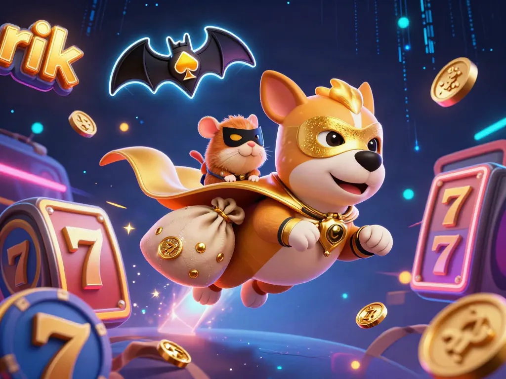 Play thrilling casino games with the superhero dog and hamster as they collect coins in a vibrant 3D illustration.