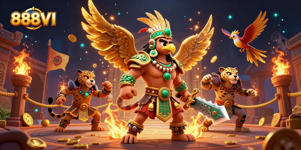 Experience the thrilling action of 888VI with Aztec warriors battling in a dynamic casino scene.