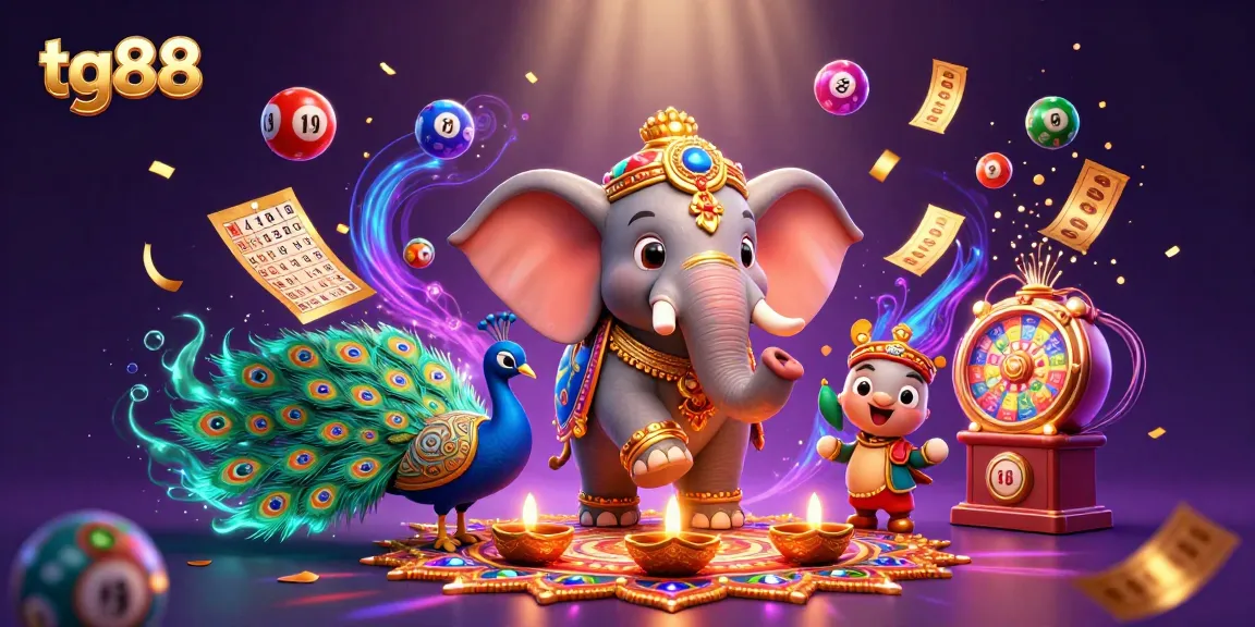 Engage in thrilling gambling fun with tg88, featuring vibrant casino elements like lottery balls and a colorful elephant.