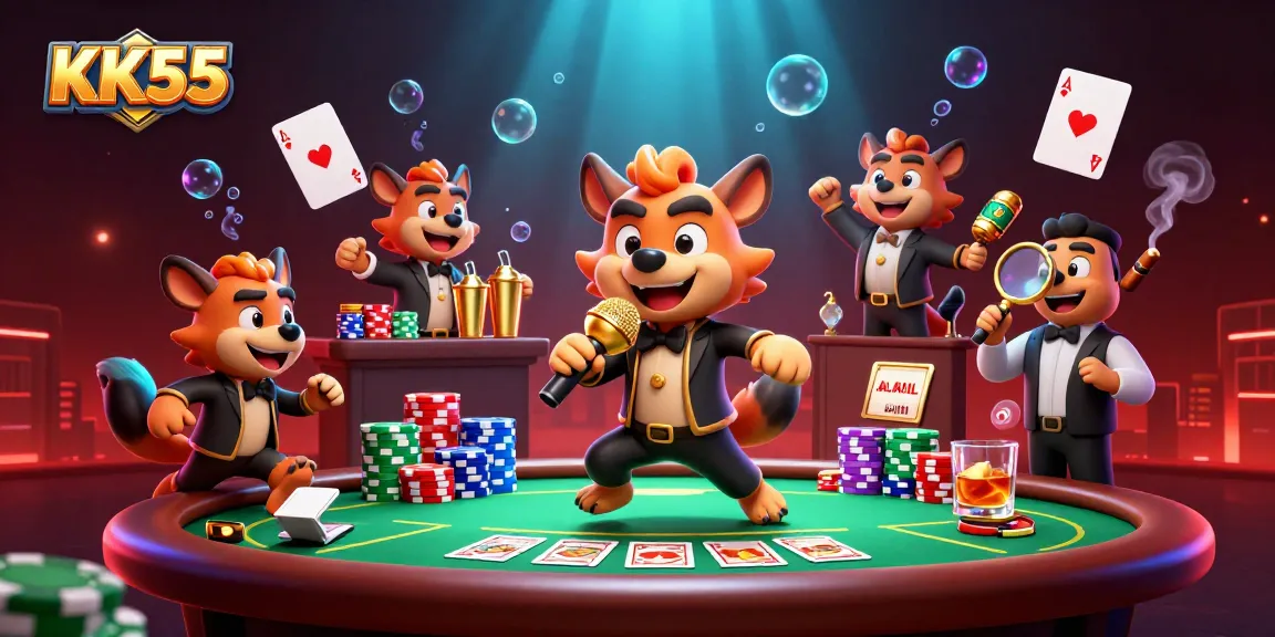 Experience KK55's vibrant comedy casino with lively hyenas entertaining and serving drinks.