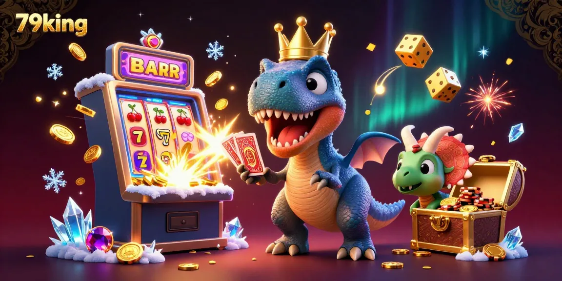 Experience the excitement of 79king with a friendly T-Rex shuffling cards and winning big with golden chips.