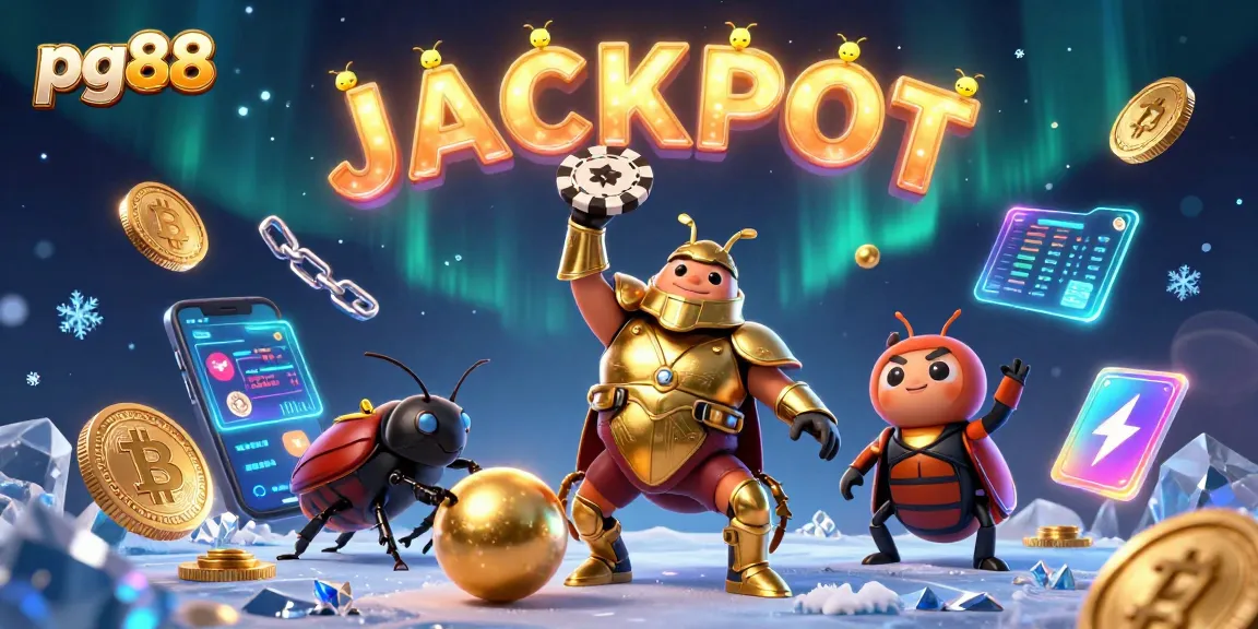 Experience big wins at pg88 with a vibrant scene of a victorious beetle championing the online casino atmosphere.