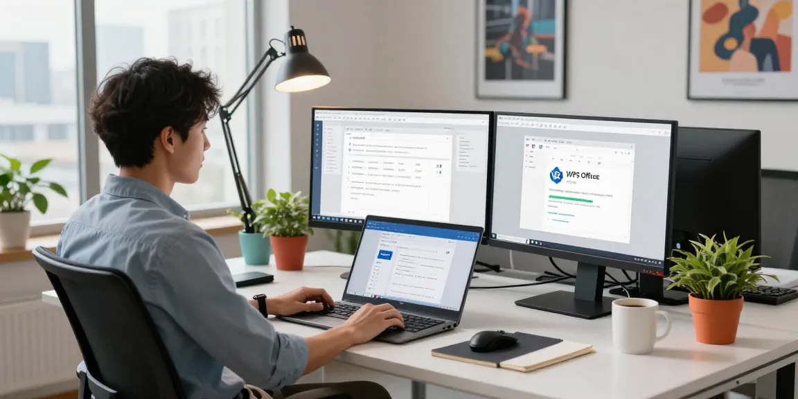 Download WPS Office on modern workspace with developer using dual monitors and laptop