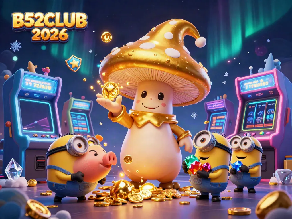 Experience the thrill of online gambling with B52CLUB 2026 featuring a golden mushroom wizard and vibrant game elements