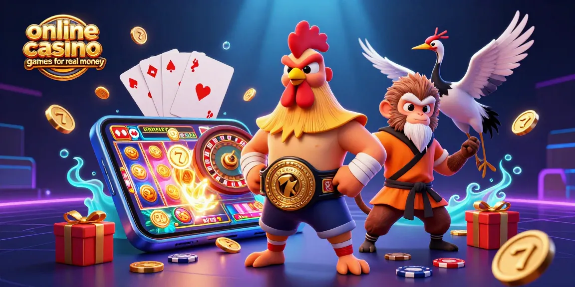 Play exciting online casino games for real money with a vibrant 3D illustration of a rooster and monkey.