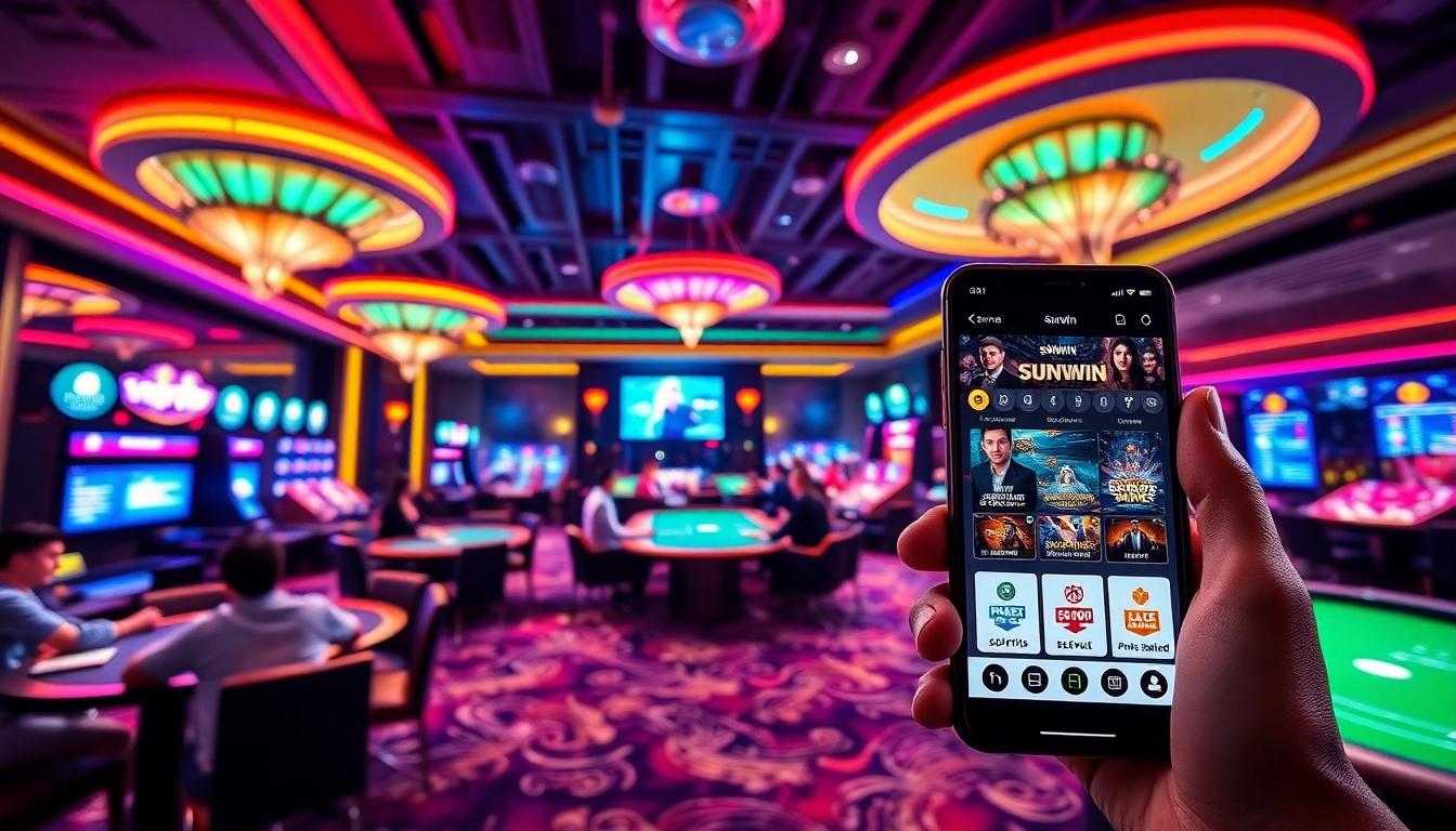 SUNWIN online gaming platform showcasing vibrant casino atmosphere with poker, sports betting, and live dealer games.