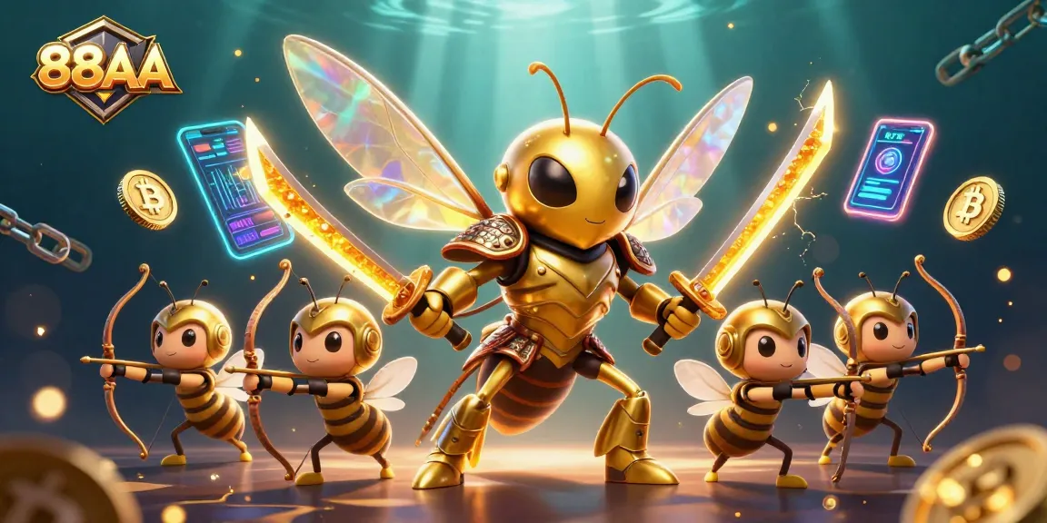 Engage with 88AA as a golden hornet samurai battles in 3D with crypto coins and casino elements.