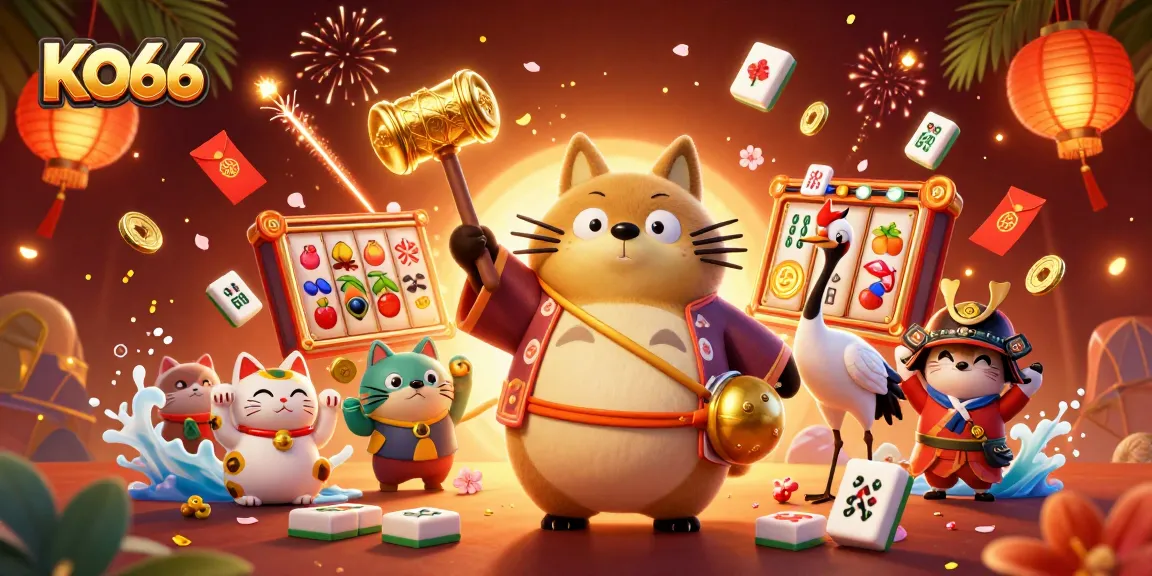 Join the fun at KO66, where 3D characters celebration gaming with vibrant slot machines.