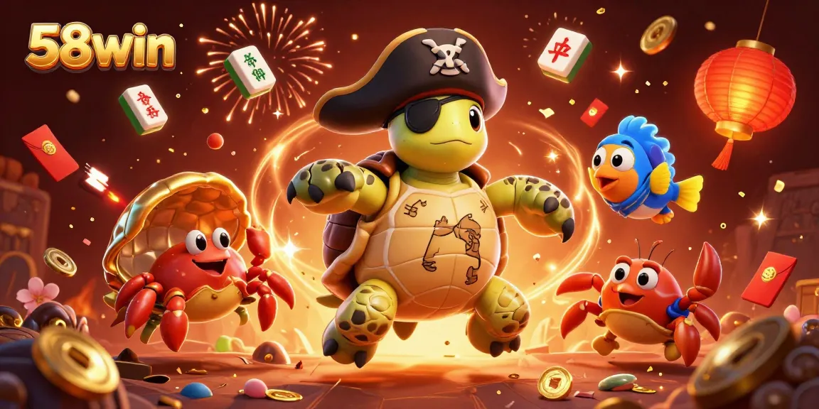 Engaging 58win illustration of a turtle and friends celebrating over gaming treasures.