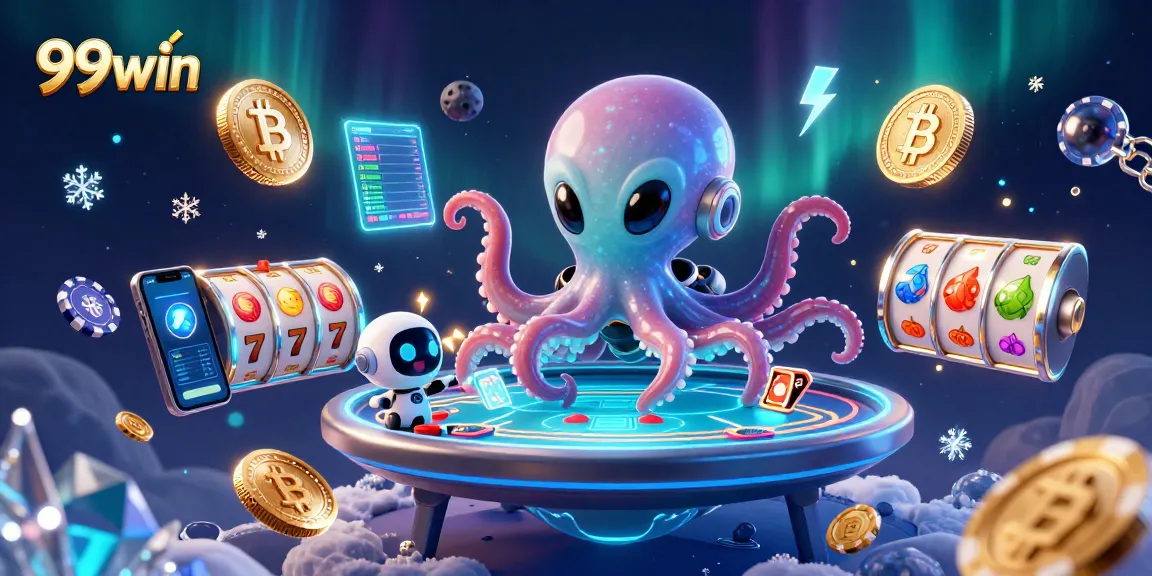 Play poker with 99win as an alien octopus uses holographic technology in a thrilling casino setting.