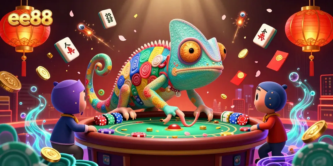 ee88 engaging illustration of a chameleon casino owner catching coins amidst vibrant gambling elements.