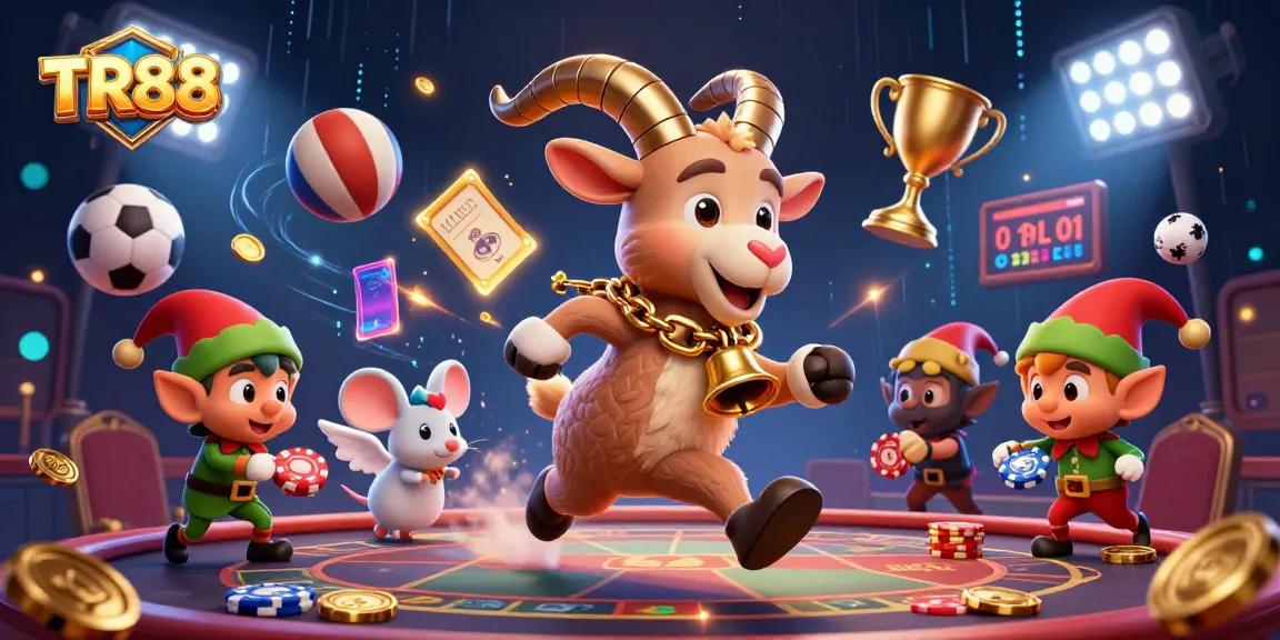 Experience TR88's thrilling casino atmosphere with animated characters, sports elements, and festive decorations.