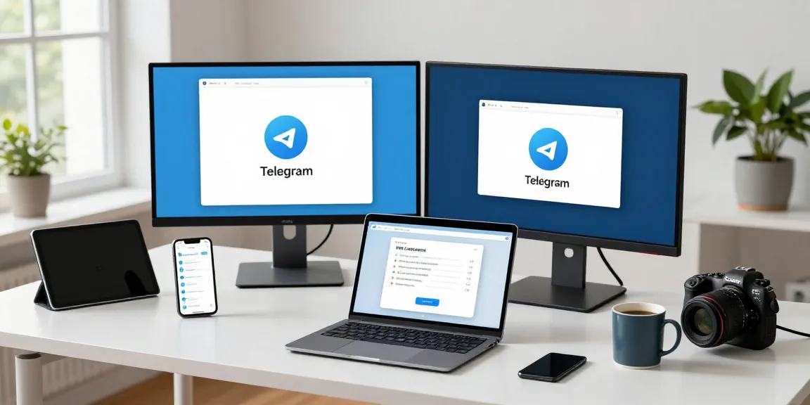 Download Telegram in a modern workspace with tech gadgets and vibrant lighting.