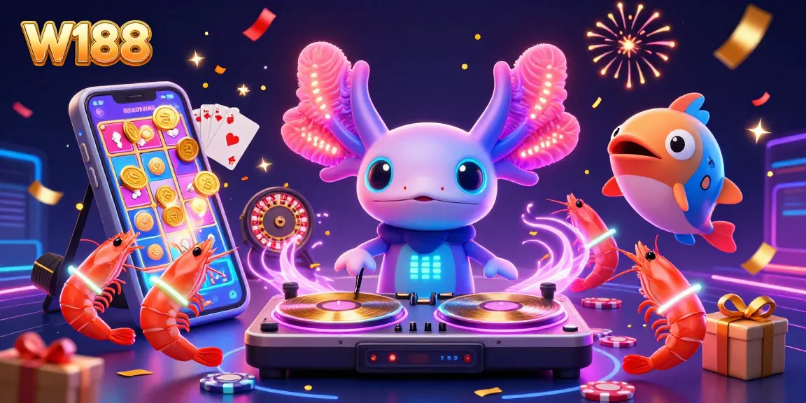 Experience the excitement of W188 slots with a vibrant, animated casino scene featuring a DJ and fun sea creatures.