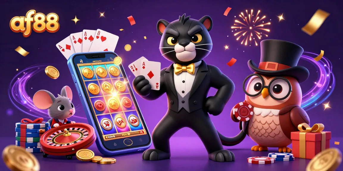 Win big with af88 as a stylish panther deals cards with an owl and a mouse, set in a lively casino scene.
