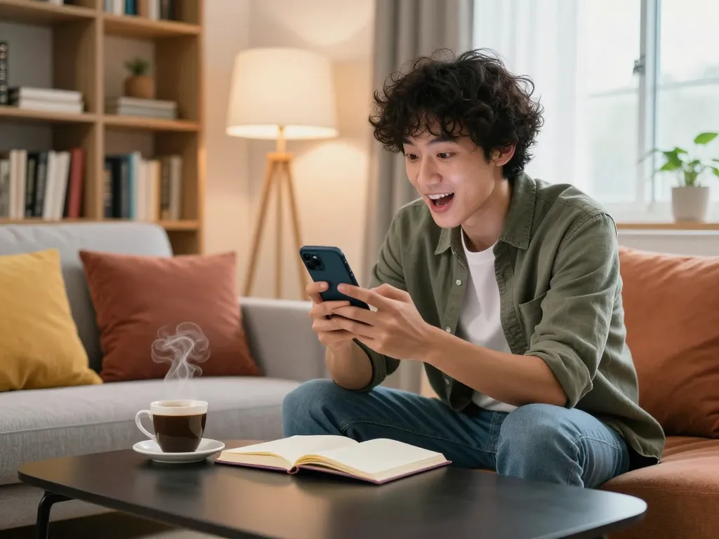 Person chatting with an AI character on their phone, showcasing crushon in a cozy living room.