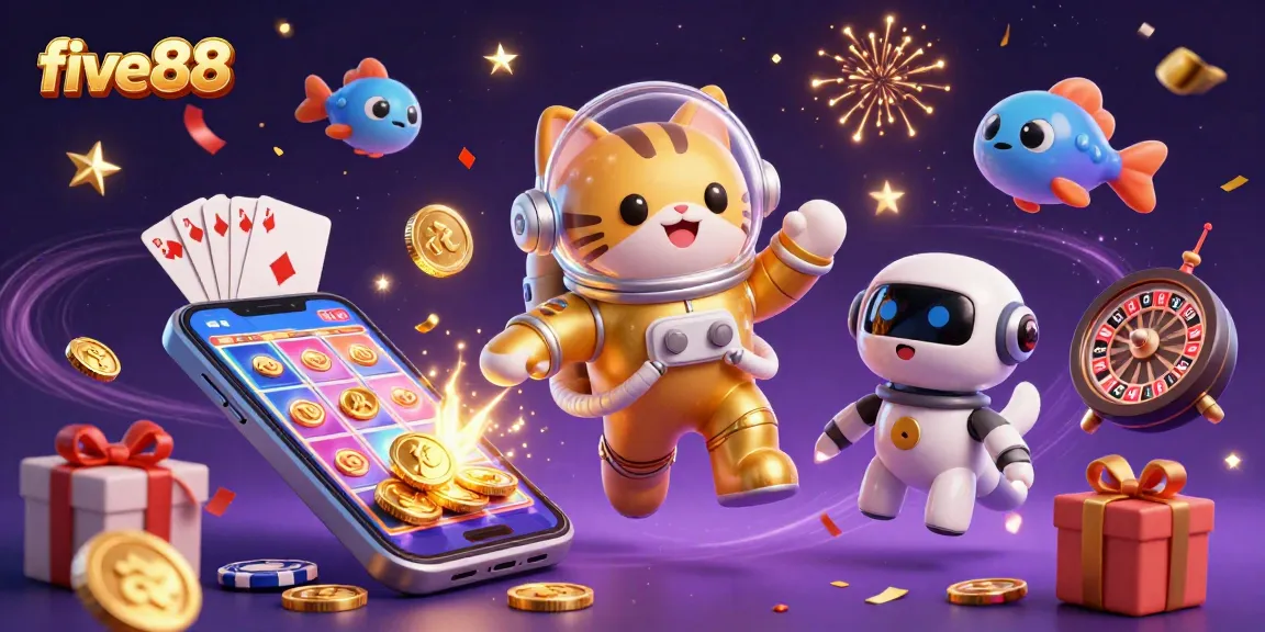 Engage with five88's universe as a space astronaut cat and robot dog discover vibrant slot games amidst cosmic wonder.