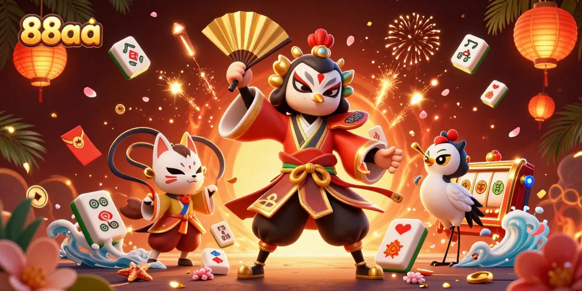Experience the excitement of 88aa with kabuki warriors, dazzling slot reels, and festive decorations.