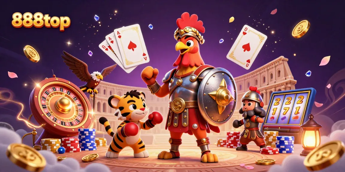 Engage in thrilling gameplay with 888top's vibrant 3D casino scene featuring lucky symbols and dynamic game elements.