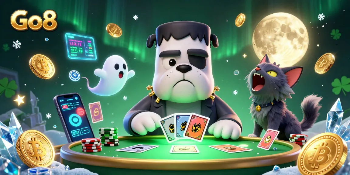 Go8 offers electrifying gaming action with a spooky atmosphere featuring cartoon characters and crypto coins.