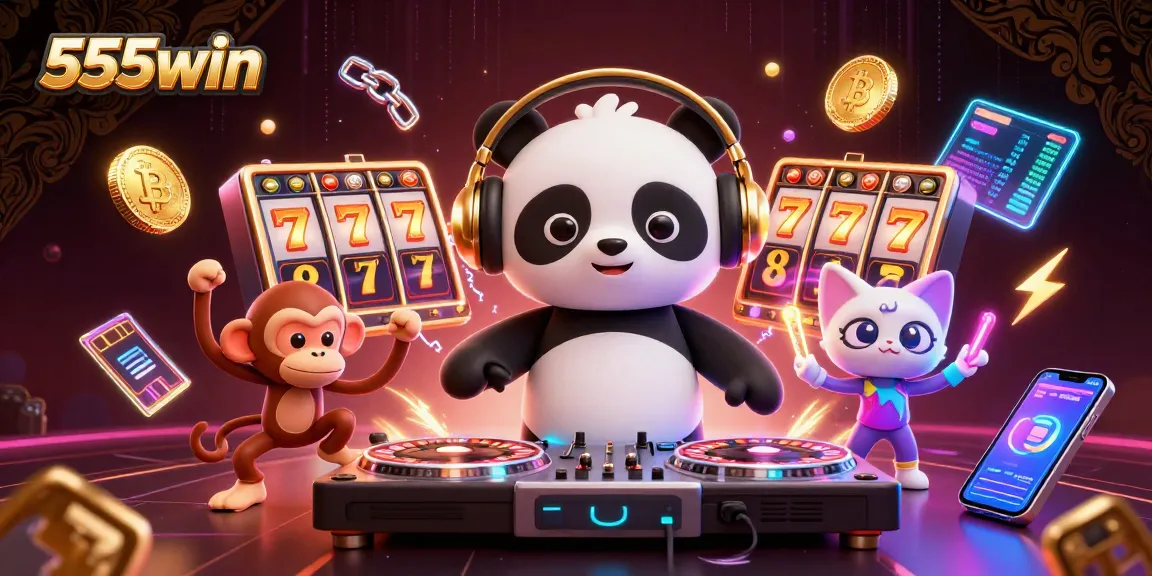 Join the excitement at 555win with a vibrant casino-themed 3D illustration of festive characters.