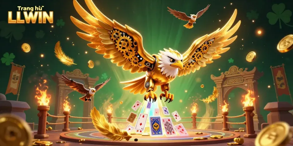 Engage with the thrilling world of Trang chủ LLWIN, featuring an impressive golden eagle battling through holographic cards in a dynamic casino scene.