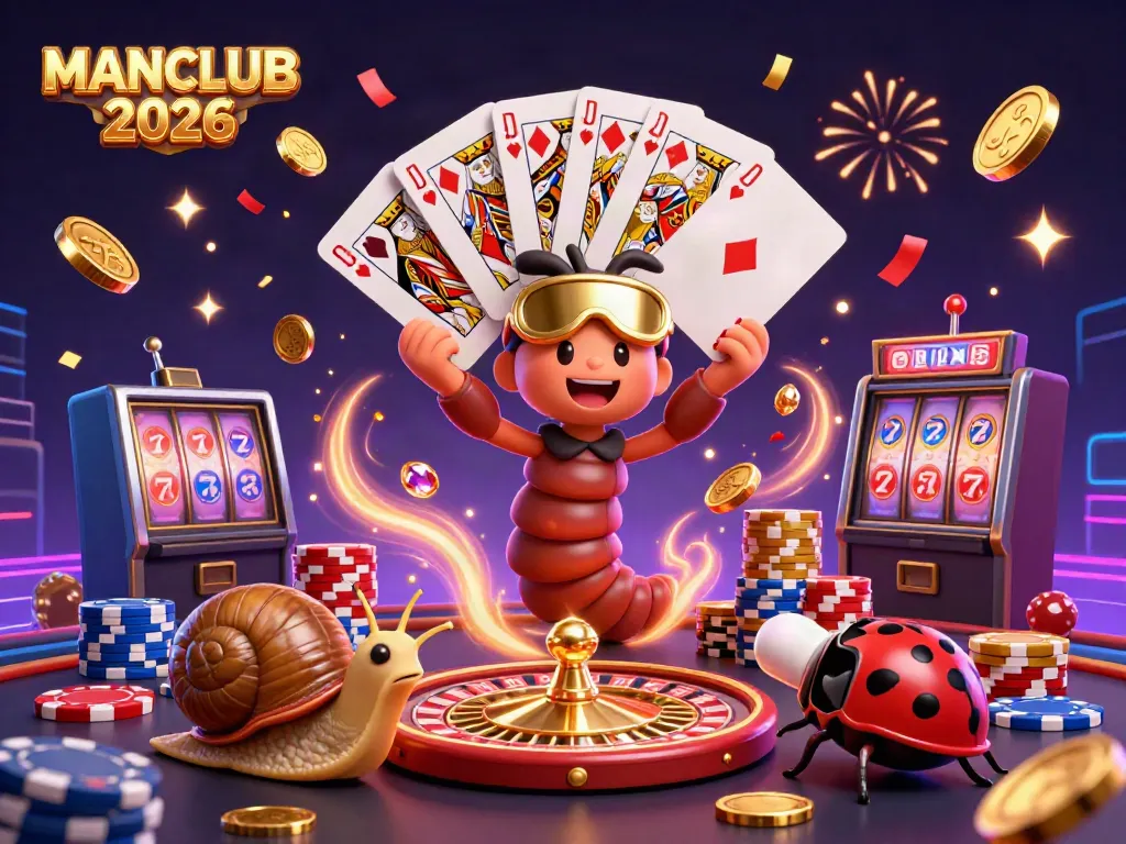 Experience the excitement of MANCLUB 2026 with a colorful casino scene featuring cartoon characters and dynamic elements.